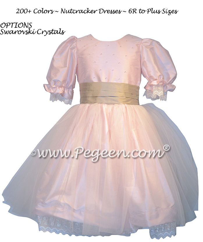 Custom silk Petal Pink and Antigua Taupe Nutcracker Party Scene Dress Style 703 by Pegeen