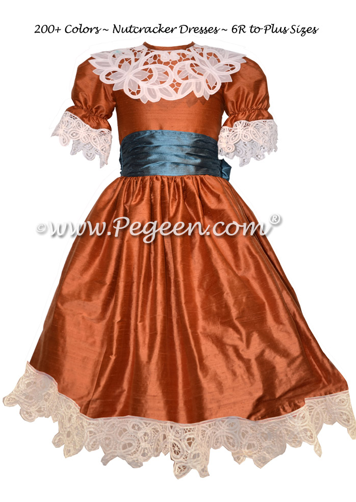 Autumn (rust) and Blue Spruce Silk Nutcracker Party Scene Dress Style 708 by Pegeen