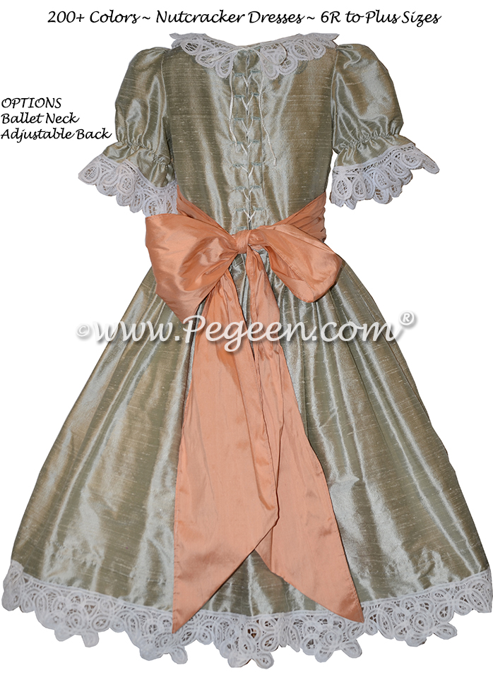 Battenburg Lace and Green and Peach Silk Nutcracker Party Scene Dresses Style 708 by Pegeen