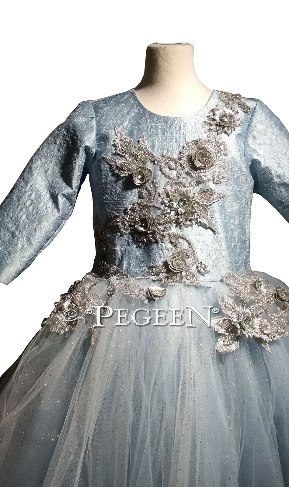Embroidered Blue Ice, Platinum and Blue Silk and Tulle flower girl dresses