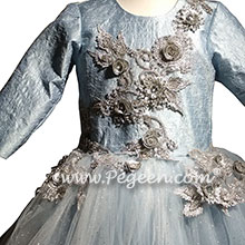 Embroidered Blue Ice, Platinum and Blue Silk and Tulle flower girl dresses