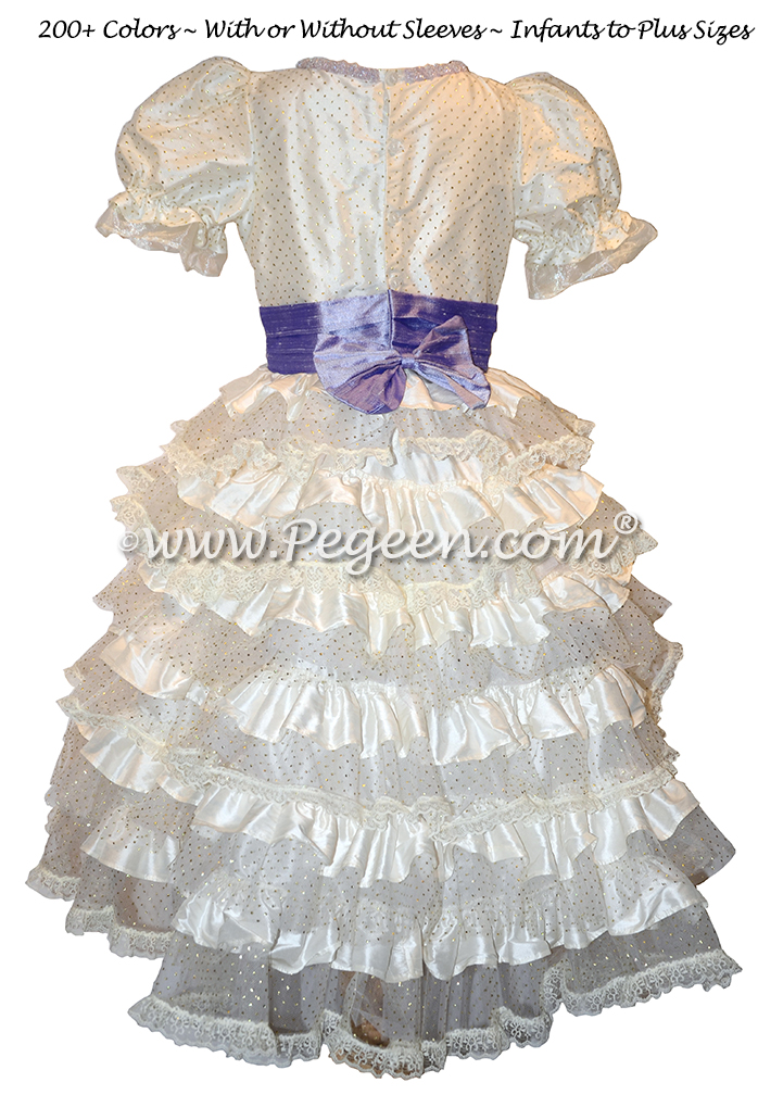 Nutcracker Style Period Dress for Clara in Silk with layers of lace in ivory and lilac by Pegeen