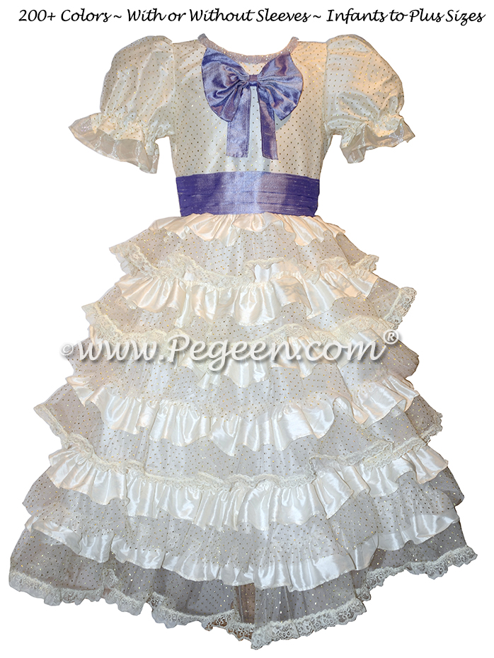 Nutcracker Style Period Dress for Clara in Silk with layers of lace in ivory and lilac by Pegeen