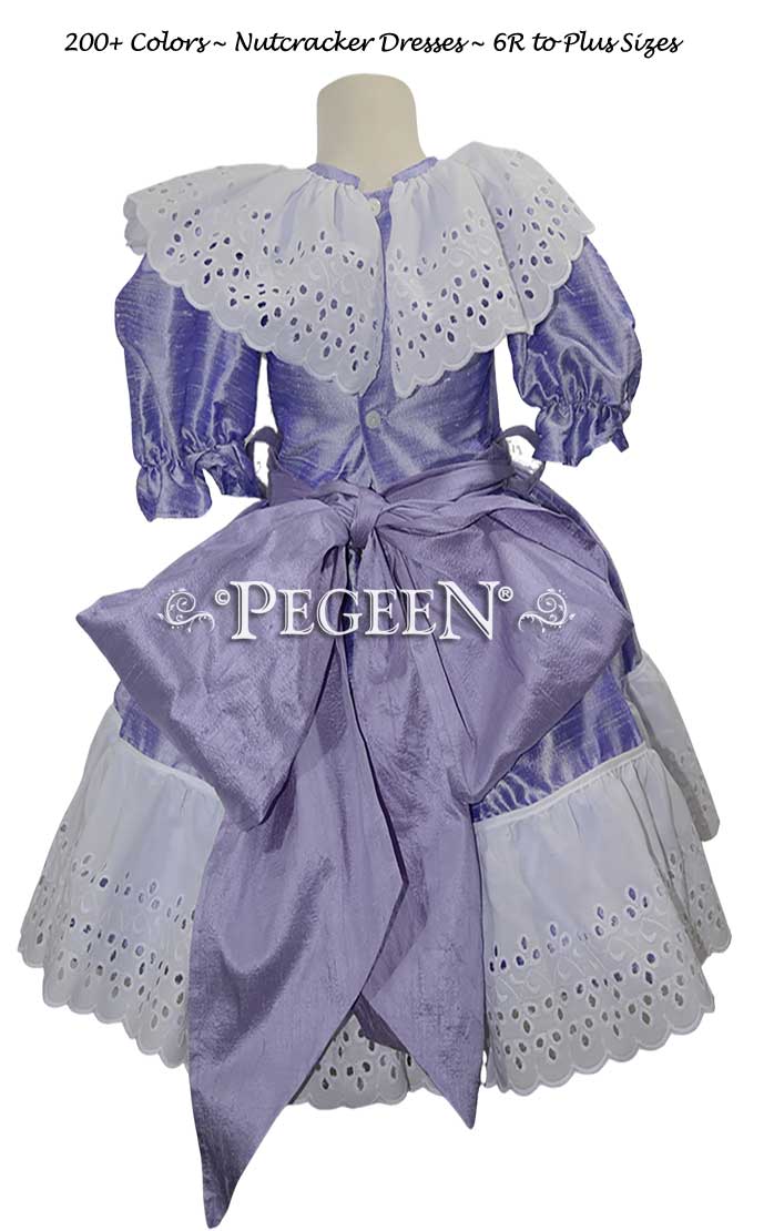 Nutcracker dress in lilac and periwinkle with wide eyelet lace