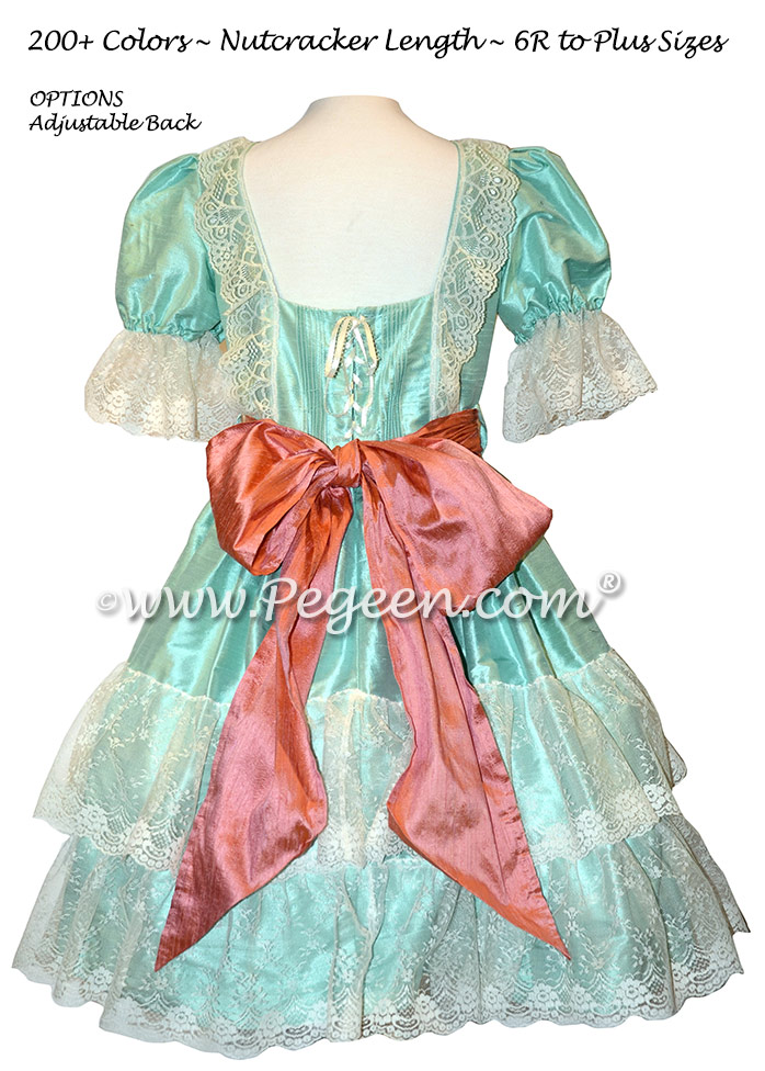 Sea Green and Coral Rose Silk Nutcracker Dress Style 730