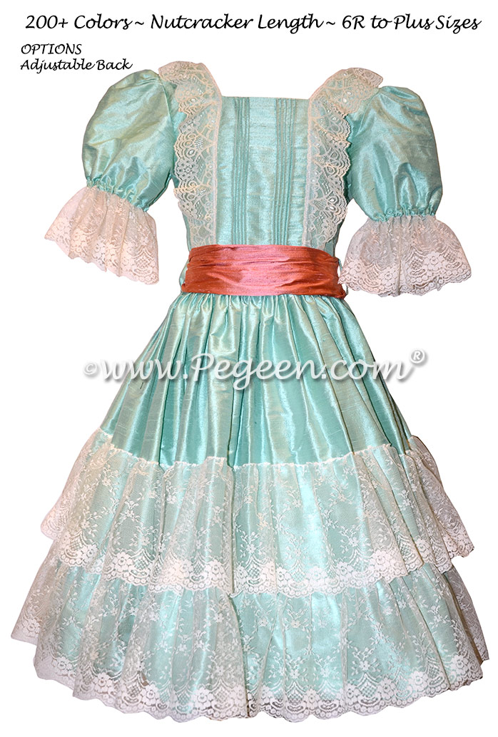 Sea Green and Coral Rose Silk Nutcracker Dress Style 730