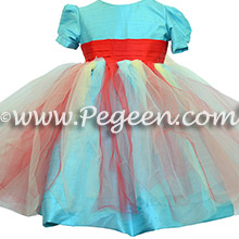 Infants Red, Yellow and Turquoise Silk flower girl dresses