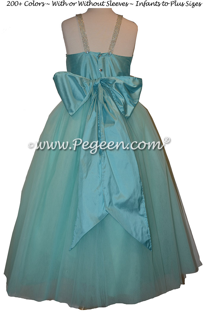 Flower Girl Dress in Tiffany Blue Silk and Tulle, Rhinestones | Pegeen