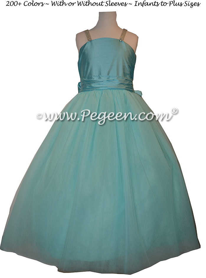 Flower Girl Dress in Tiffany Blue Silk and Tulle, Rhinestones | Pegeen