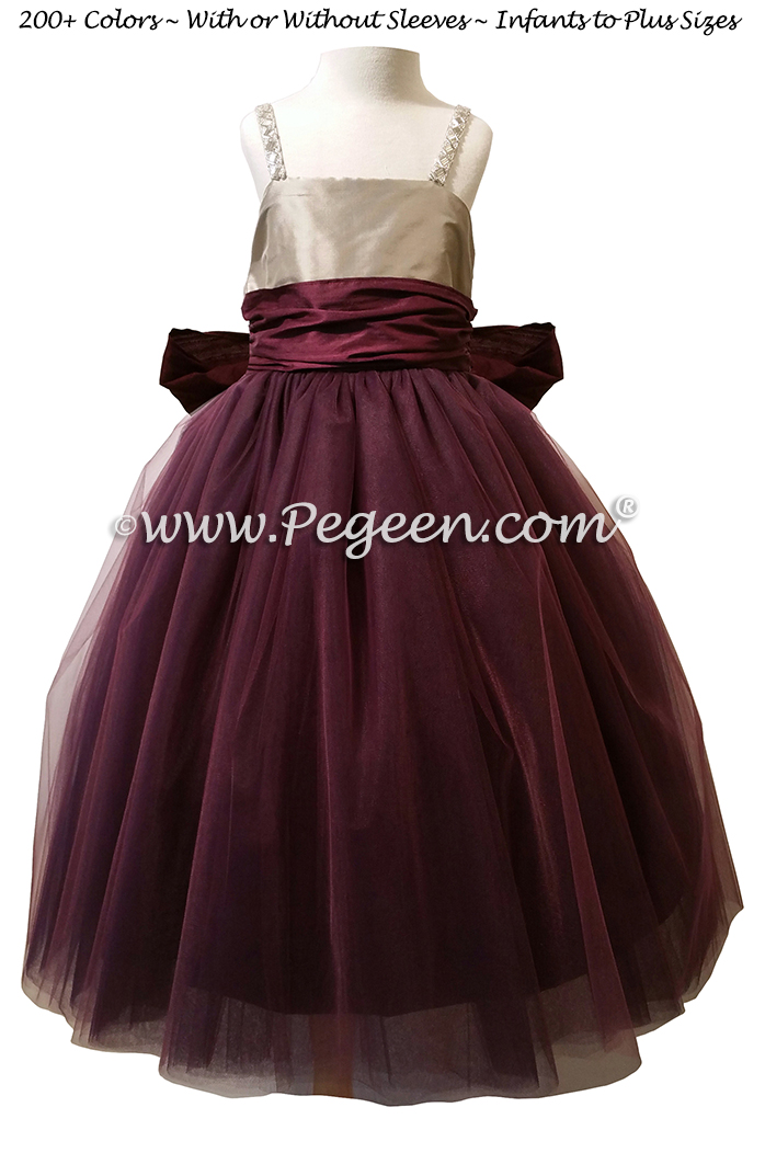 Flower Girl Dress in Eggplant and Platinum Silk and Tulle | Pegeen