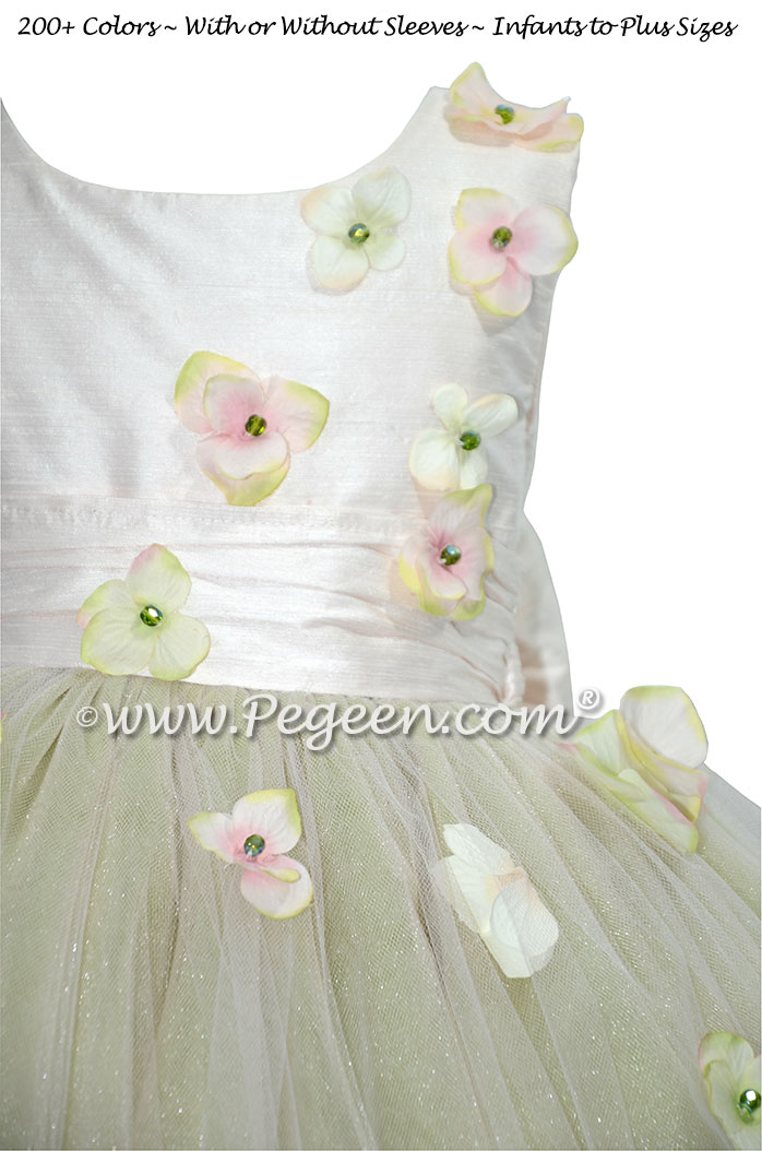 Flower Trimmed Blush Pink silk custom tulle flower girl dress Style 911