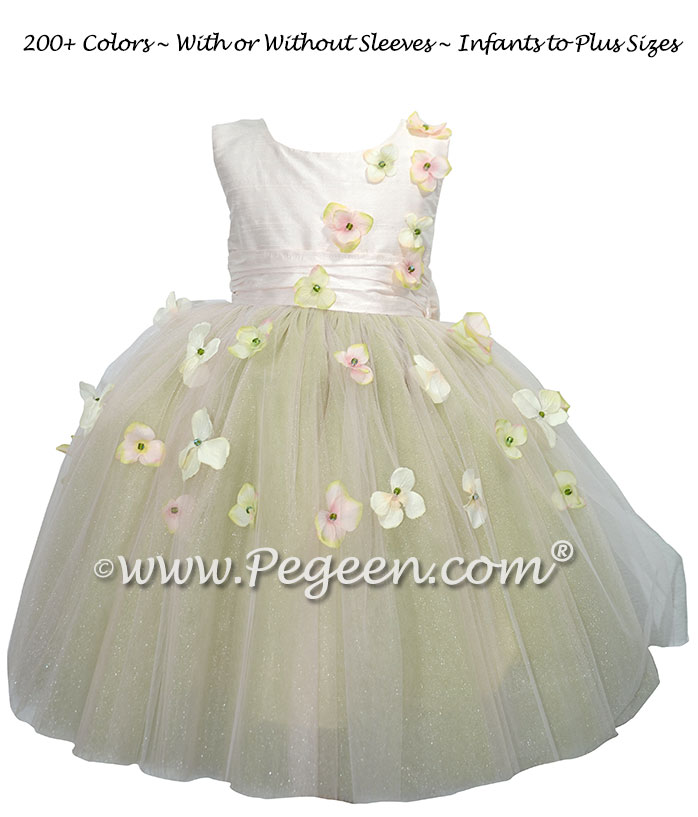 Flower Trimmed Blush Pink silk custom tulle flower girl dress Style 911