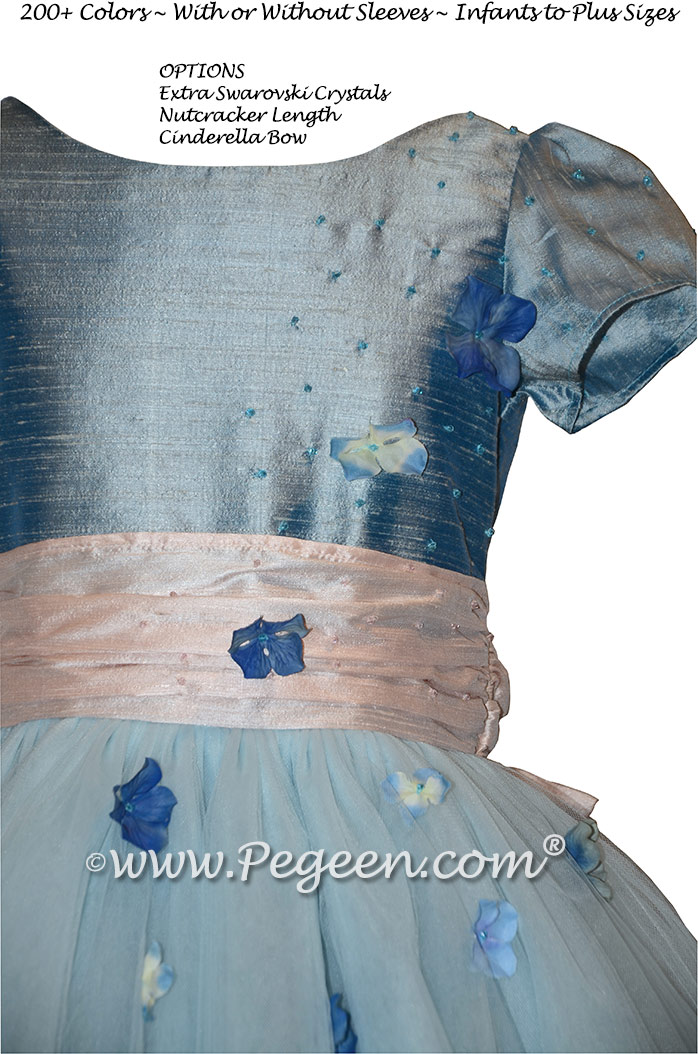 Caribbean Blue and Ballet Pink Silk flower girl dress with Swarovski Crystals