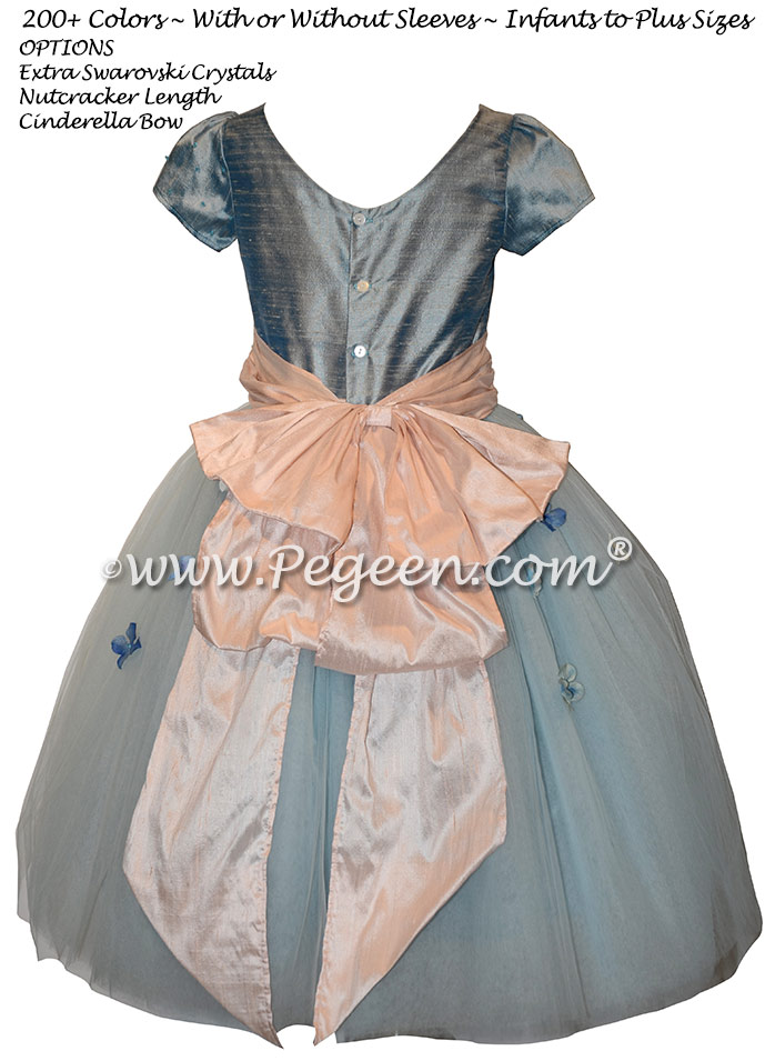 Caribbean Blue and Ballet Pink Silk flower girl dress with Swarovski Crystals