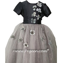 Flower Trimmed Charcoal Gray silk custom tulle flower girl dress