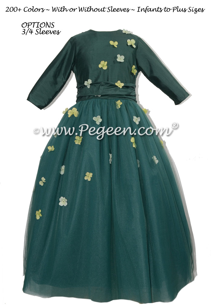 3/4 Sleeve Forest Green Jr Bridesmaids Dress