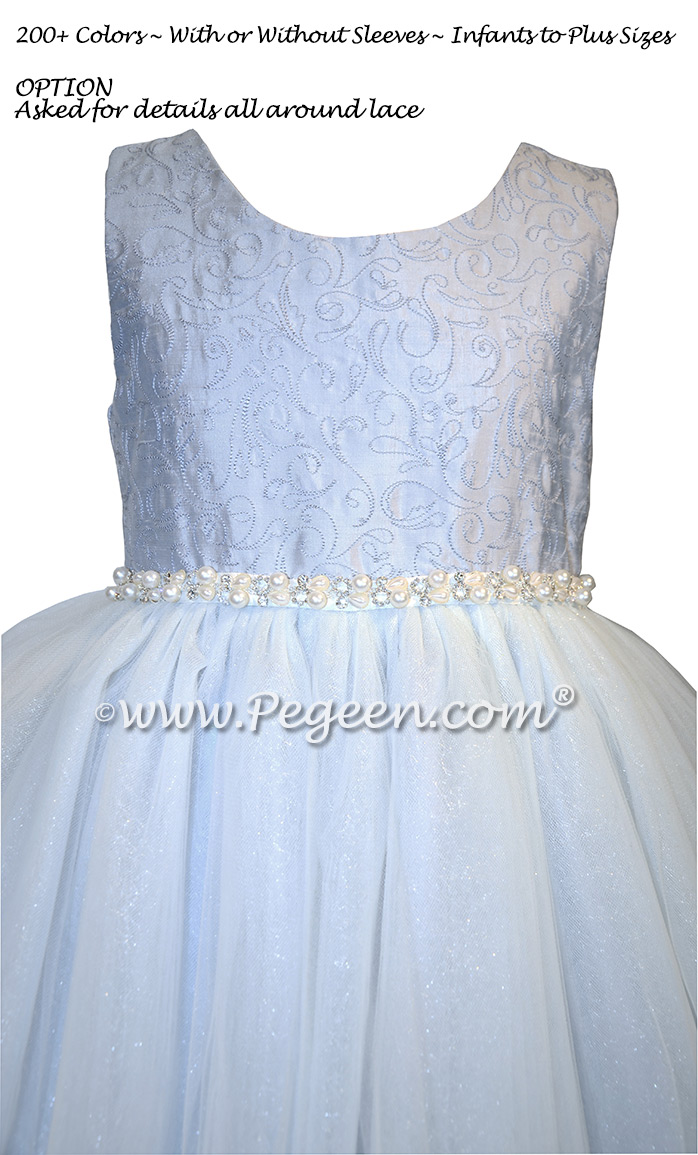 Ice Blue Embroidered Silk Flower Girl Dresses with spun silver tulle