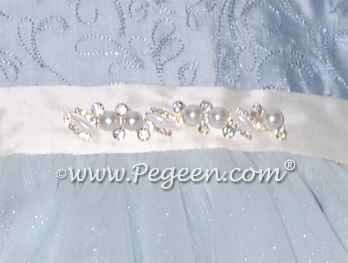 Ice Blue Embroidered Silk Flower Girl Dresses with spun silver tulle