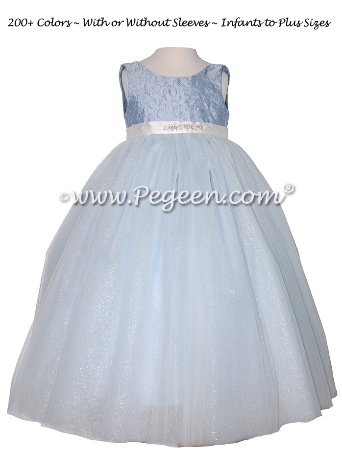 Ice Blue Embroidered Silk Flower Girl Dresses with spun silver tulle