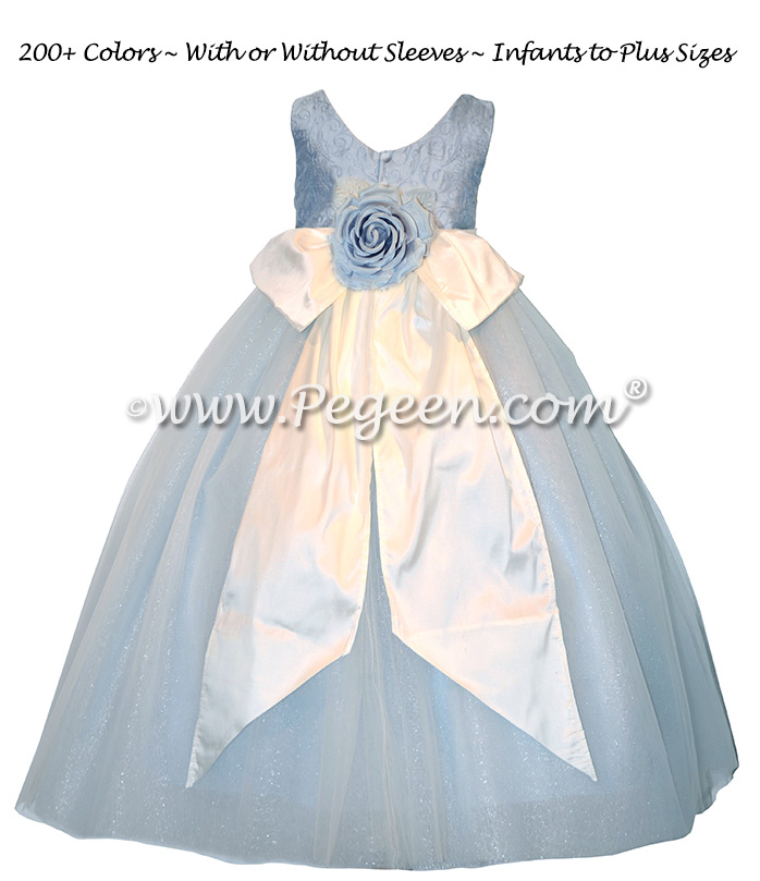Ice Blue Embroidered Silk Flower Girl Dresses with spun silver tulle