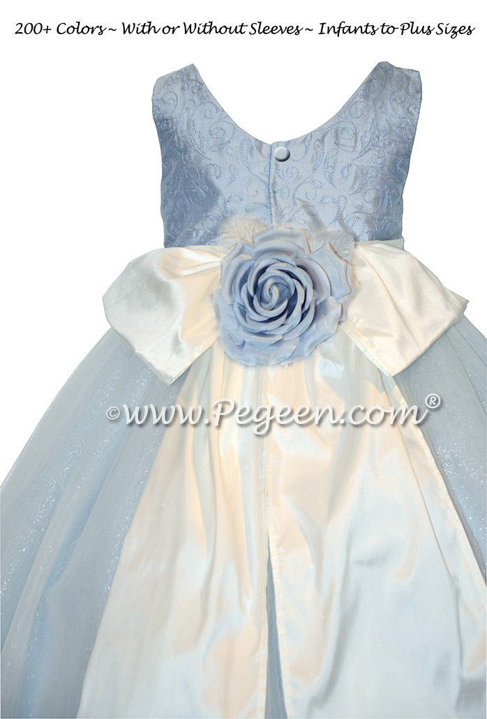 Ice Blue Embroidered Silk Flower Girl Dresses with spun silver tulle