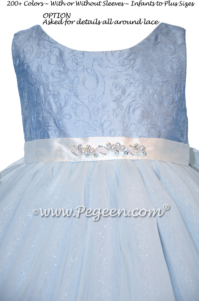 Ice Blue Embroidered Silk Flower Girl Dresses with spun silver tulle