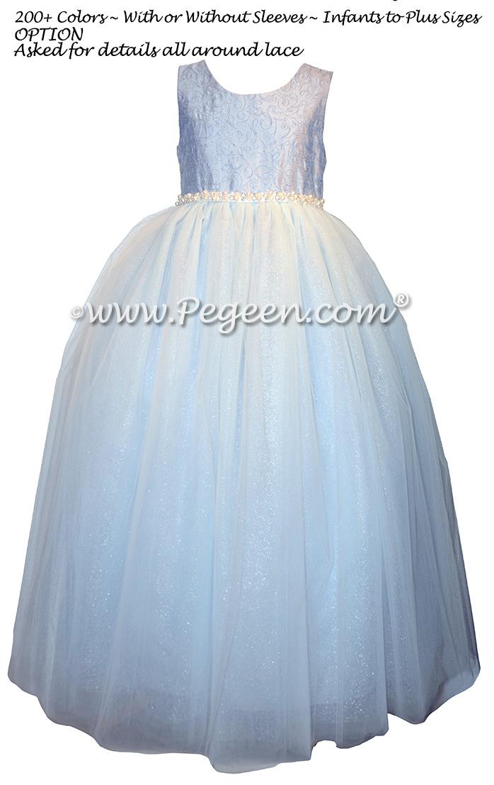 Ice Blue Embroidered Silk Flower Girl Dresses with spun silver tulle