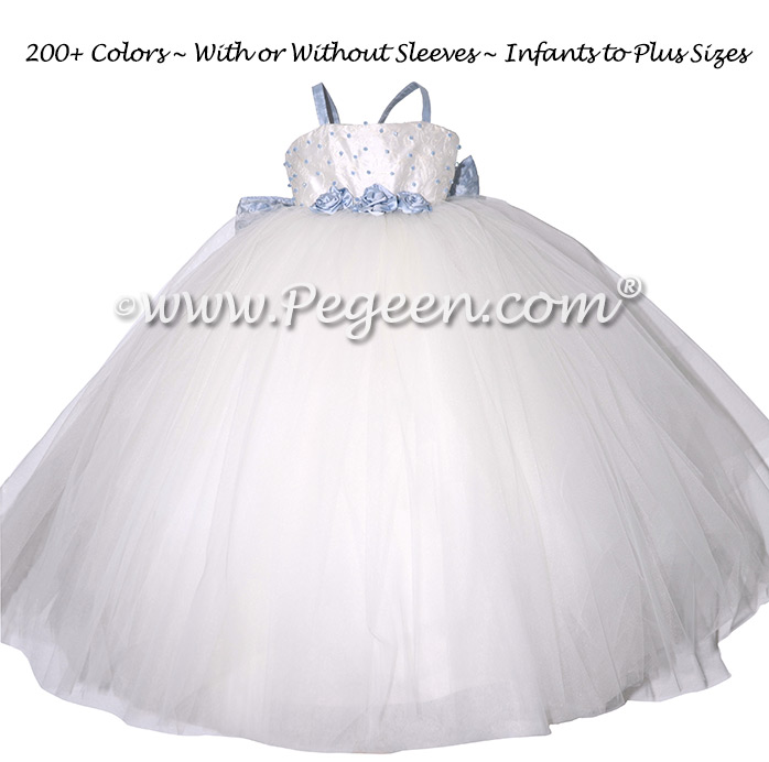 Ivory Embroidered Silk Flower Girl Dresses with fluffy tulle