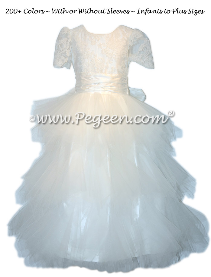 Custom Fluffy Tulle Skirt with Aloncon Lace in New Ivory Silk Flower Girl Dresses