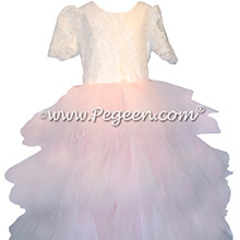 Custom Pink Fluffy Tulle Skirt with Aloncon Lace in New Ivory Silk Flower Girl Dresses