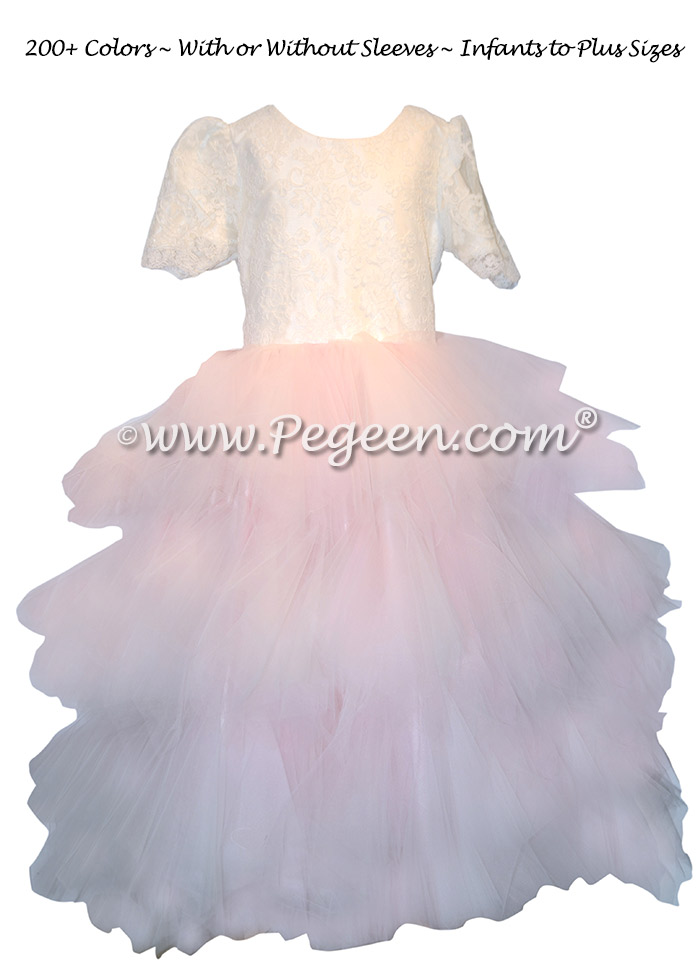 Custom Pink Fluffy Tulle Skirt with Aloncon Lace in New Ivory Silk Flower Girl Dresses
