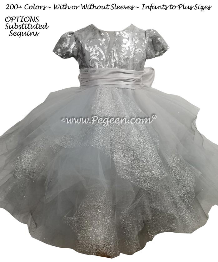 Custom Silver Fluffy Tulle Skirt with Sequined Top Flower Girl Dress