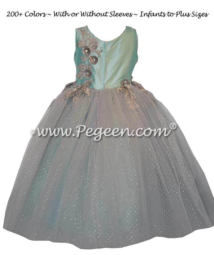 Pond Blue and Silver tulle with appliqued bodice on flower girl dress Style 922