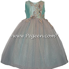 Pond Blue and Silver tulle with appliqued bodice on flower girl dress