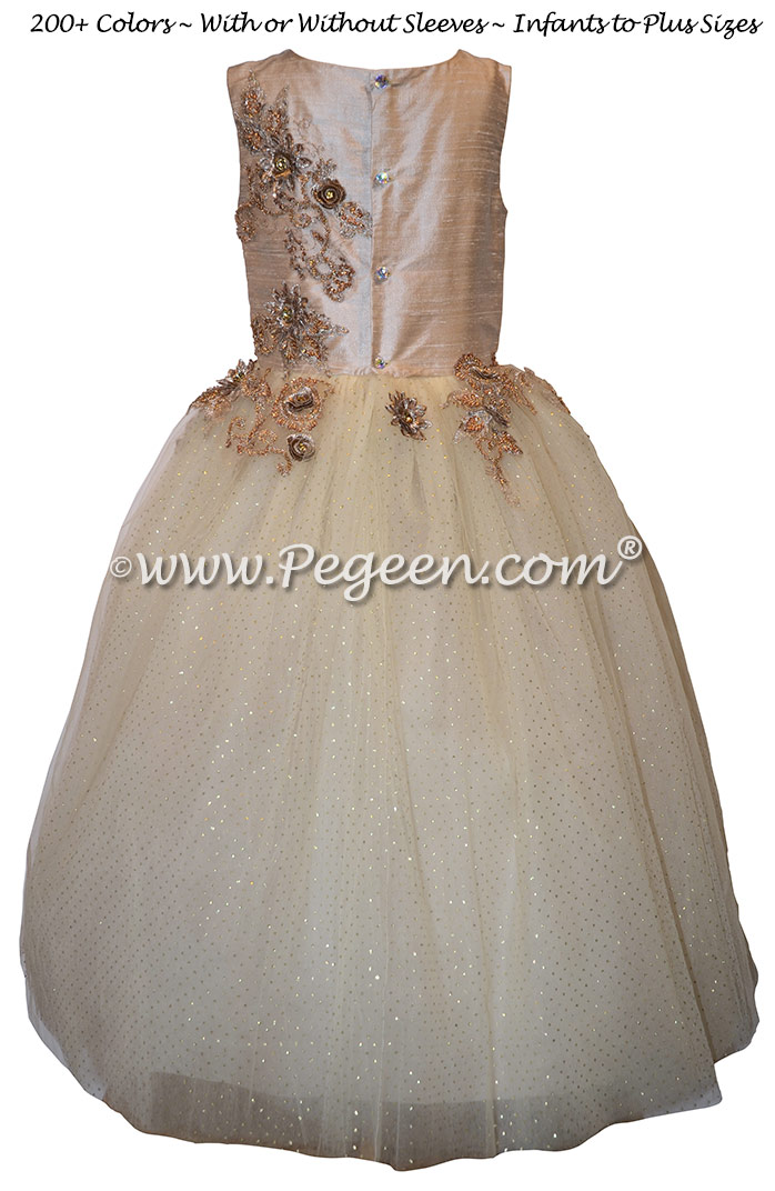 Toffee and Gold 3-Dimentional Embroidered Silk flower girl dresses