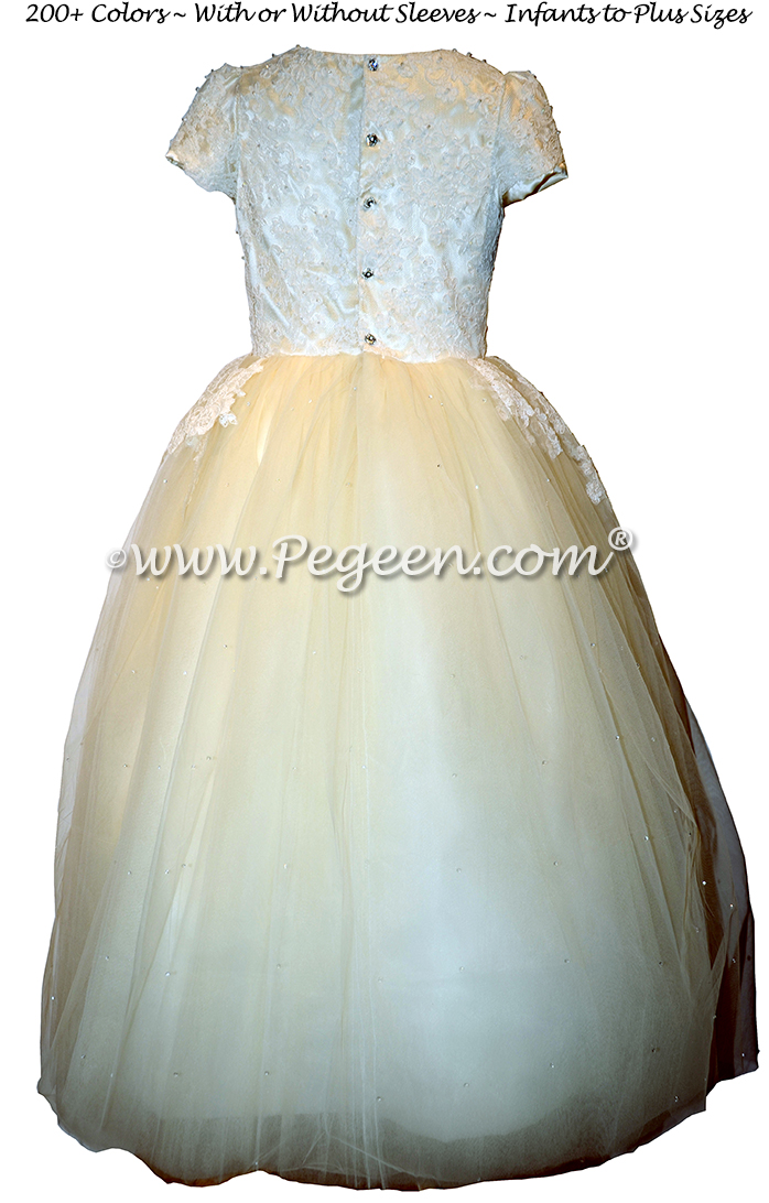 Bisque and New Ivory 3-Dimensional Lace Embroidered Silk flower girl dresses