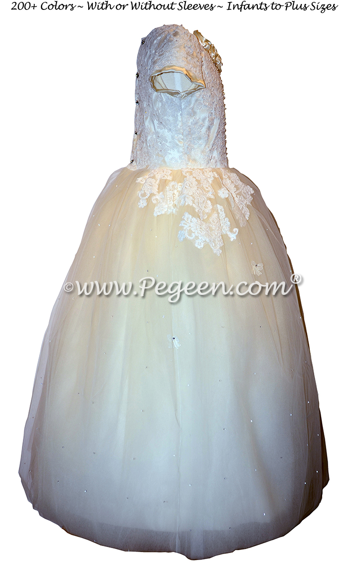 Bisque and New Ivory 3-Dimensional Lace Embroidered Silk flower girl dresses