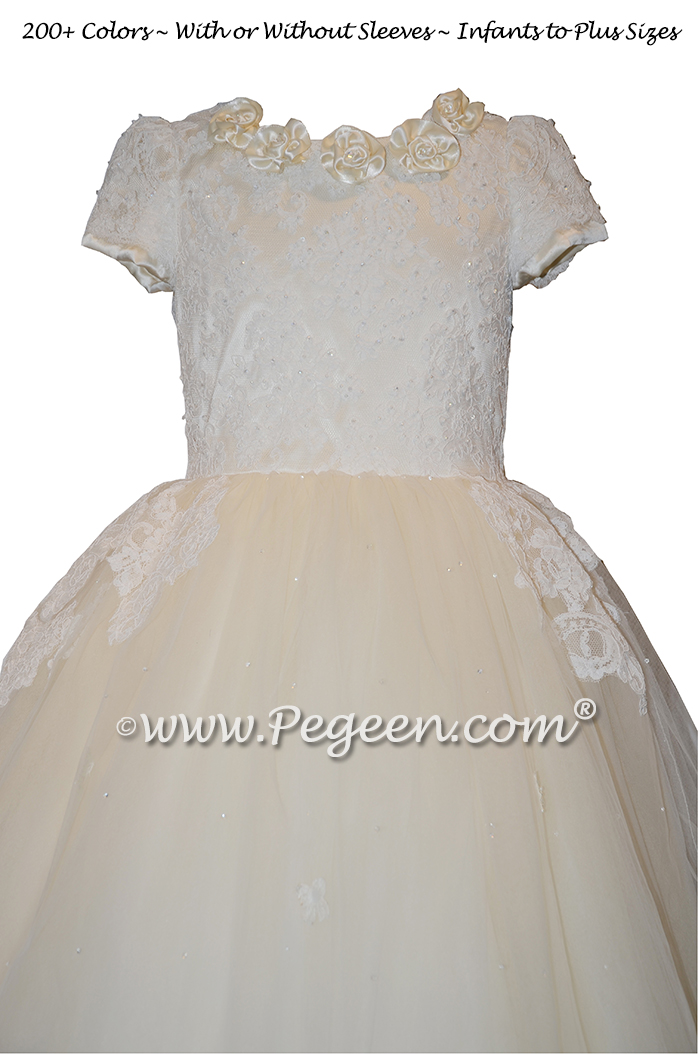 Bisque and New Ivory 3-Dimensional Lace Embroidered Silk flower girl dresses