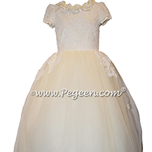 Bisque and New Ivory 3-Dimentional Lace Embroidered Silk flower girl dresses