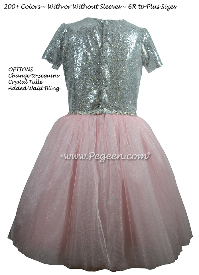 Pink and Silver Sequined tulle & silk Jr Bridesmaids dress