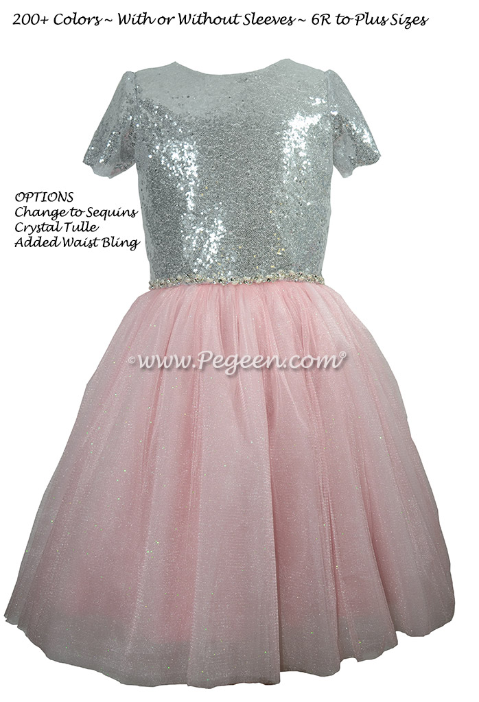 Pink and Silver Sequined tulle & silk Jr Bridesmaids dress