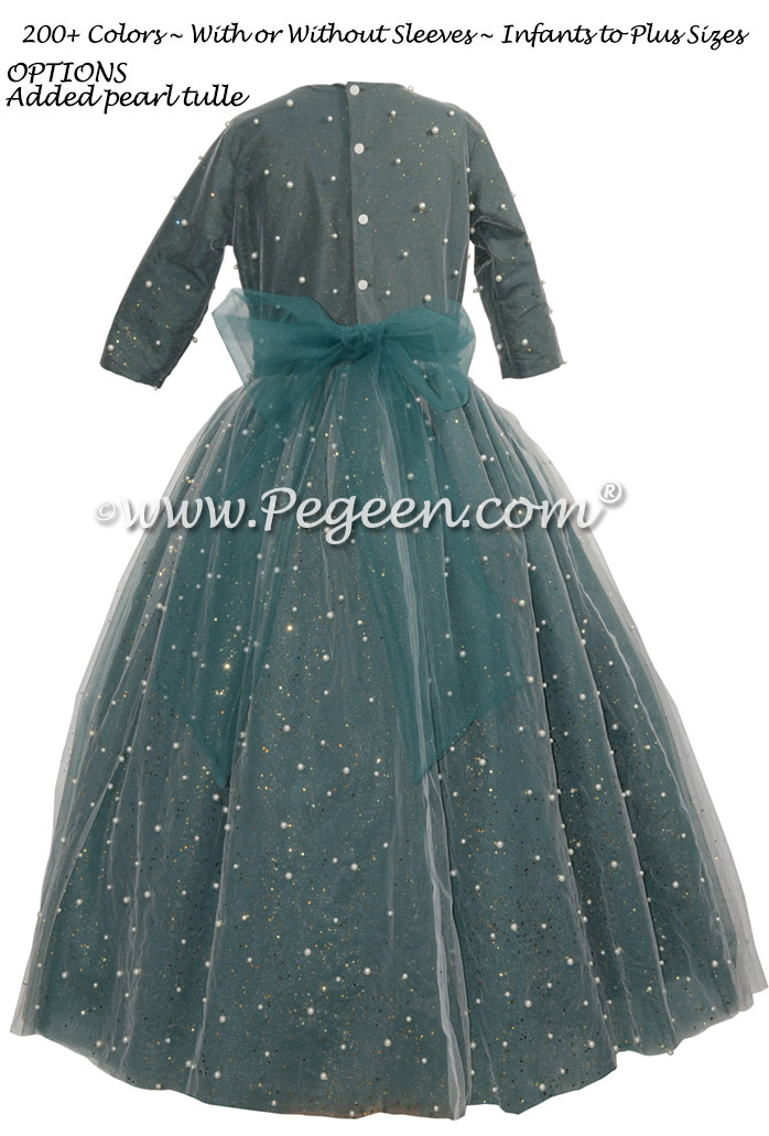 Long Sleeve Green Jr Bridesmaids Dress with Pearls and Glitter