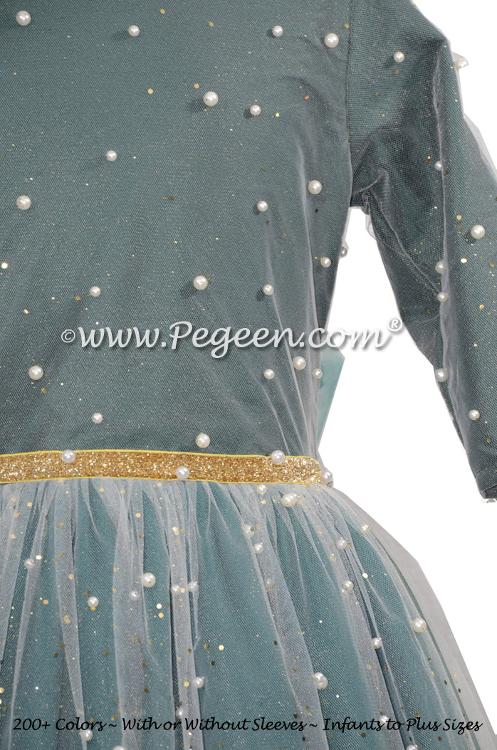 Long Sleeve Green Jr Bridesmaids Dress with Pearls and Glitter