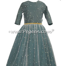 Long Sleeve Forest Green Jr Bridesmaids Dress with Pearls and Glitter