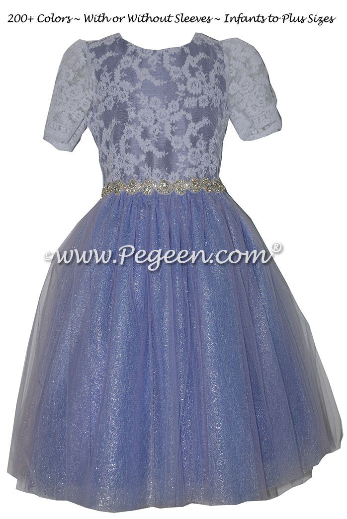 Periwinkle, Lace and Rhinestone Bling tulle jr. bridesmaids dress