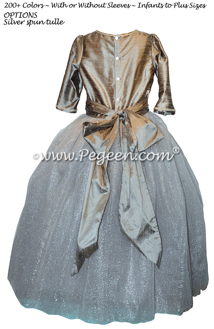 Silver silk and rhinestone silk tulle flower girl dress with 3/4 sleeves