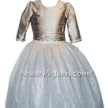 Silver silk and rhinestone flower girl dress with 3/4 sleeves