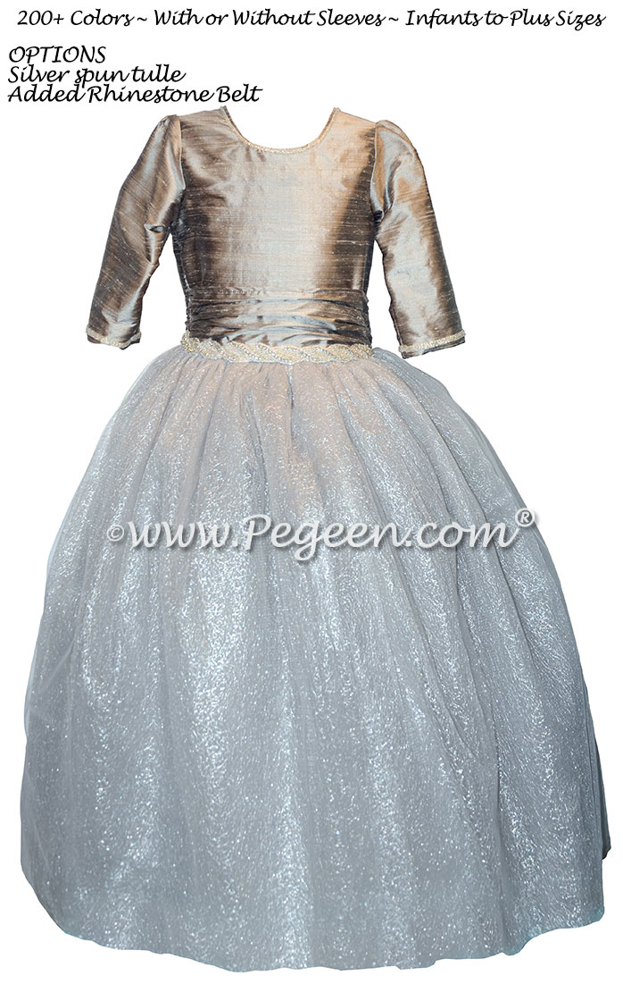 Silver silk and rhinestone silk tulle flower girl dress with 3/4 sleeves