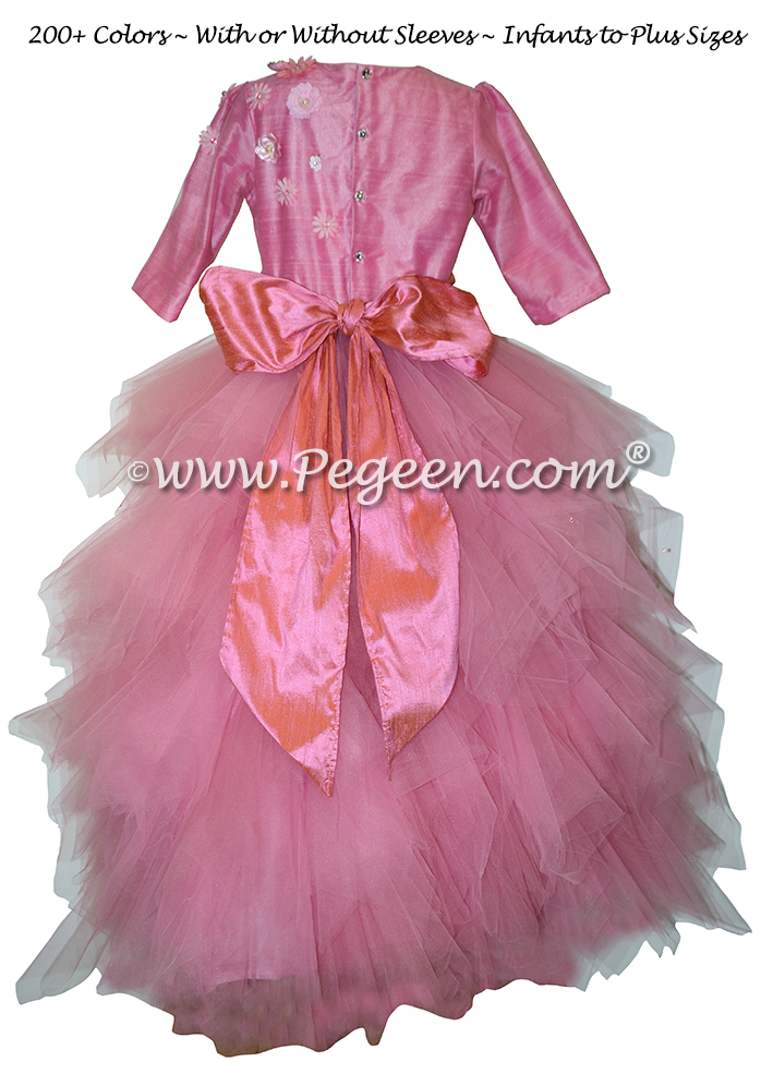 Rose and coral shades of tulle and appliqued bodice on flower girl dress