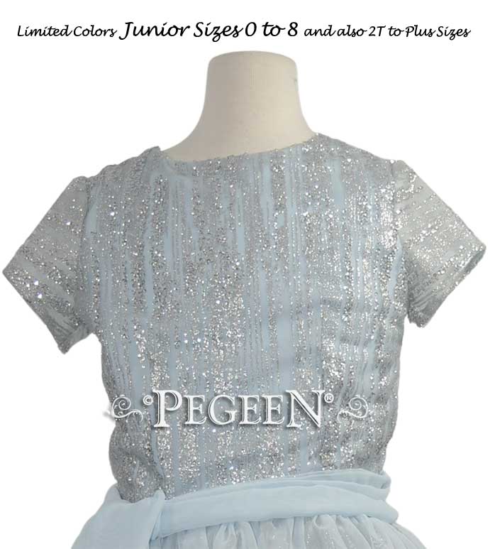 Silver sequin and glitter tulle with ice blue chiffon bat Mitzvah dress